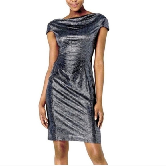 Tahari Dresses & Skirts - Tahari Silver Blue Ruched Metallic Dress